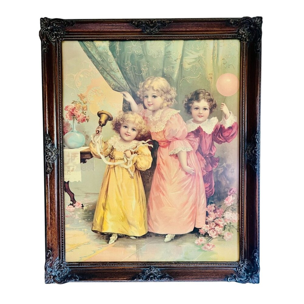 Vtg Wooden Ornate Victorian Style Frame with German Print 3 Children Party Ready